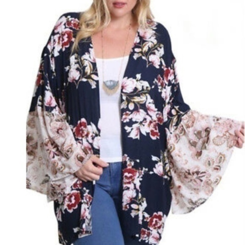 Navy & Ivory Floral Bell Sleeve Kimono Lightweight Coverup NEW